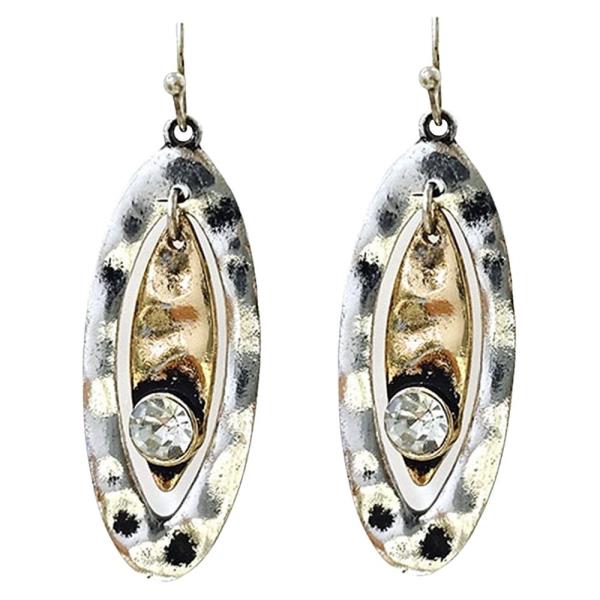 CRYSTAL STONE METAL TWO TONE HAMMERED OVAL DANGLE EARRING