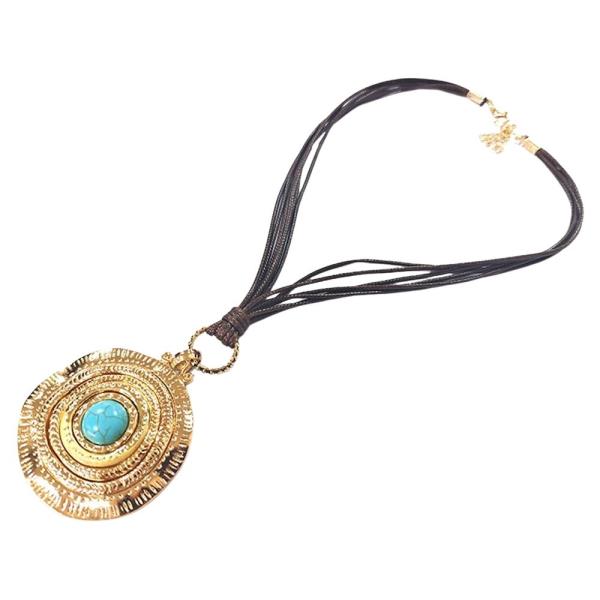 WESTERN TURQUOISE ROUND PENDANT CORD LONG NECKLACE