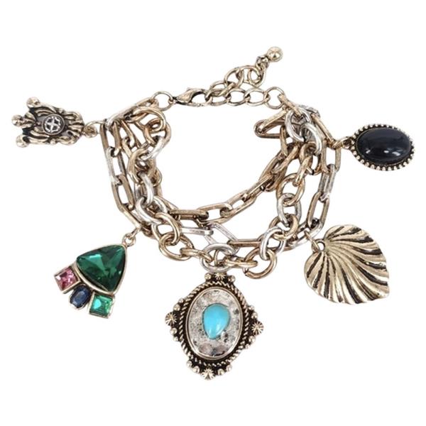 CRYSTAL STONE METAL TWO TONE WESTERN SEALIFE SHELL MULTI CHARM LAYERED BRACELET
