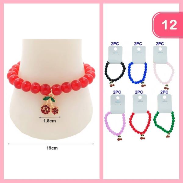 BEADED RHINESTONE CHERRY CHARM BRACELET (12 UNITS)