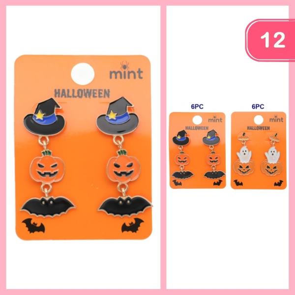 HALLOWEEN WITCH HAT PUMPKIN BAT LINKED DANGLE EARRING (12 UNITS)