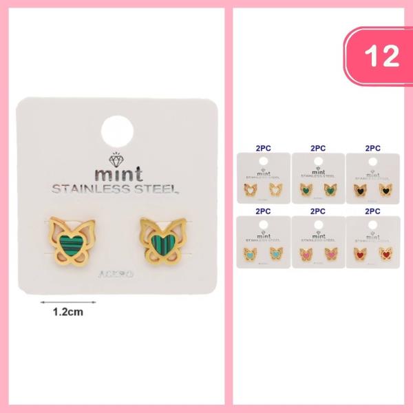STAINLESS STEEL HEART BUTTERFLY POST EARRINGS  (12 UNITS)
