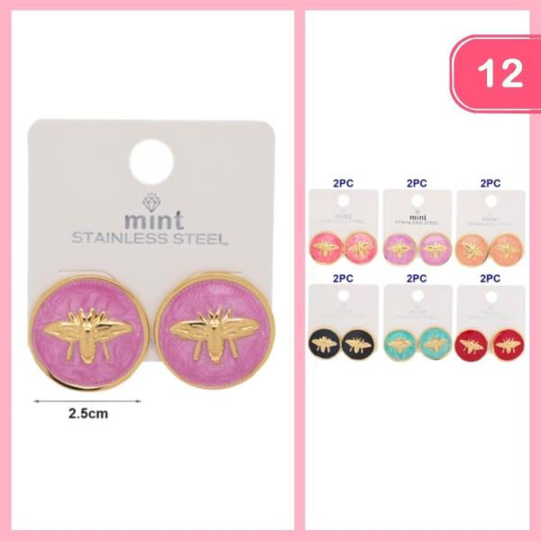 STAINLESS STEEL ROUND BEE POST EARRINGS ( 12 UNITS)
