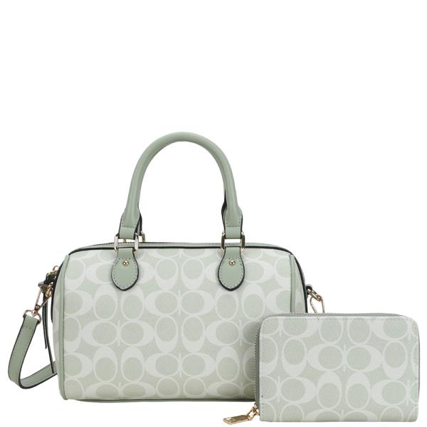 2IN1 OVAL PRINT MONOGRAM SATCHEL BAG W WALLET SET