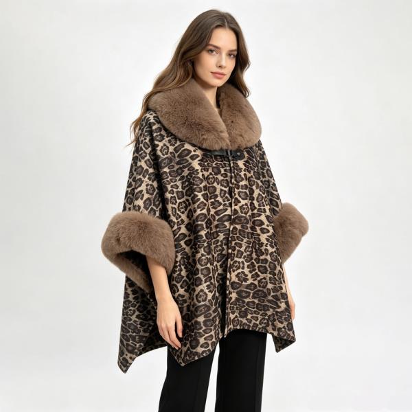 FAUX FUR COLLAR SUEDE LEOPARD PRINT CAPE WITH FUR CUFFS