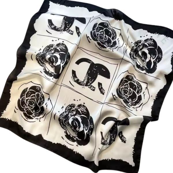 FLORAL MONOGRAM PRINT SILKY BANDANA SQUARE NECK SCARF