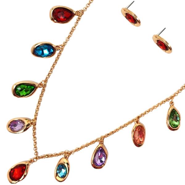 GLASS W CHARM NECKLACE EARRING SET