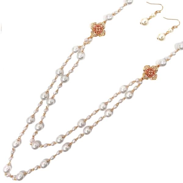 PEARL W FLOWER LAYERED NECKLACE EARRING SET