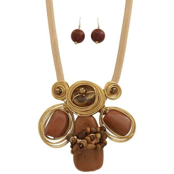 BOHEMIAN CONCENTRIC WIRE WRAPPED OVAL RESIN STATEMENT NECKLACE EARRING SET