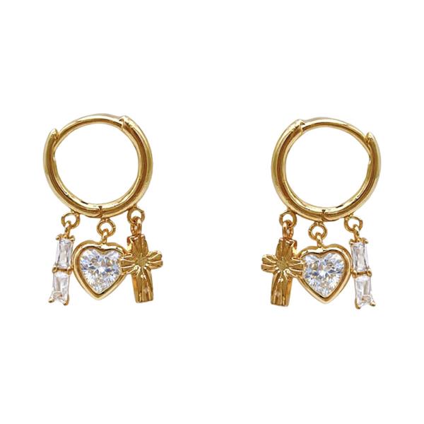 GOLD DIPPED CROSS HEART CHARM DANGLE HUGGIE