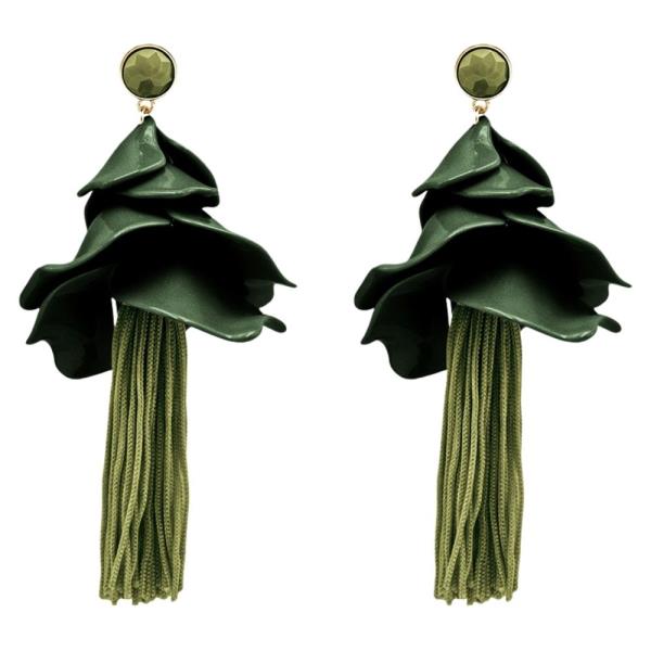 CRYSTAL STONE RESIN LAYERED PETAL TASSEL DROP EARRING