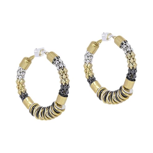 TWO TONE METAL BEADED RING PUFFY HOOP EARRING