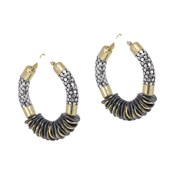 TWO TONE METAL BEADED DISC PUFFY HOOP EARRING