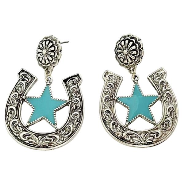 WESTERN METAL ENAMEL HORSESHOE STAR DANGLE EARRING