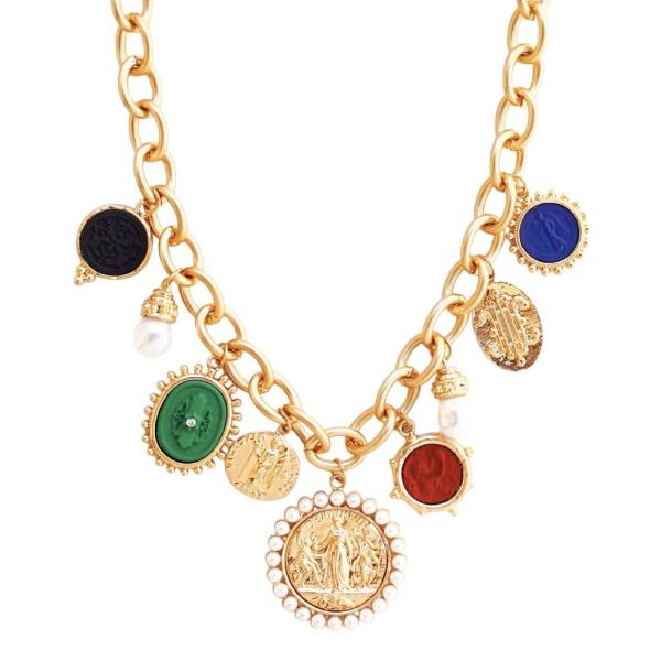 METAL ENAMEL PEARL COIN MULTI CHARM CHAIN NECKLACE