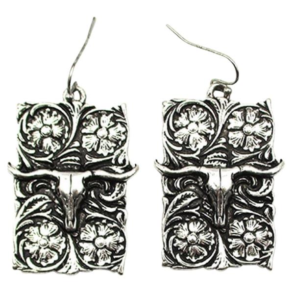 WESTERN ENGRAVED STEERHEAD PLATED EARRING