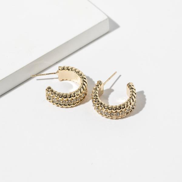 METAL RHINESTONE TRIPLE ROW HOOP EARRING