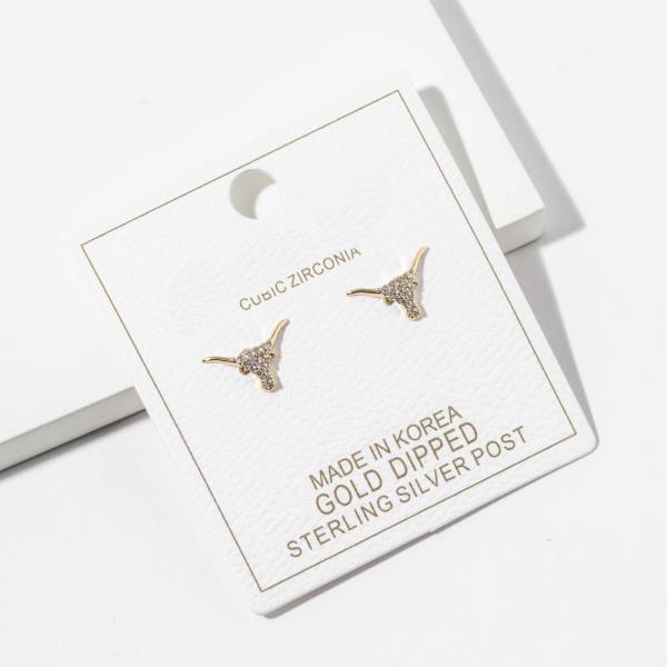 GOLD DIPPED CZ WESTERN BULL SKULL STUD EARRING
