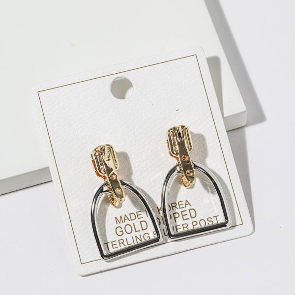 GOLD DIPPED TWO TONE RHINESTONE OPEN RECTANGLE DANGLE EARRING