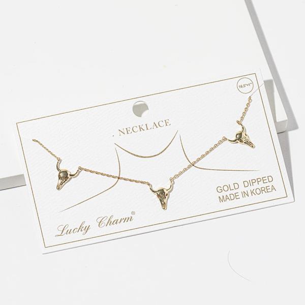 GOLD DIPPED WESTERN BULL SKULL STATION NECKLACE