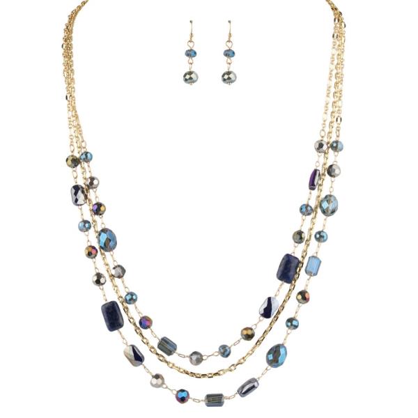 FACETED BEAD MULTI LAYER CHAIN NECKLACE EARRING SET