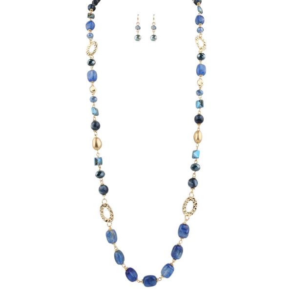 FACETED BEAD OPEN OVAL LINK LONG NECKLACE EARRING SET