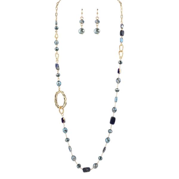FACETED BEAD OPEN OVAL LINK LONG NECKLACE EARRING SET