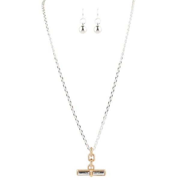 TWO TONE BAR PENDANT LONG NECKLACE EARRING SET