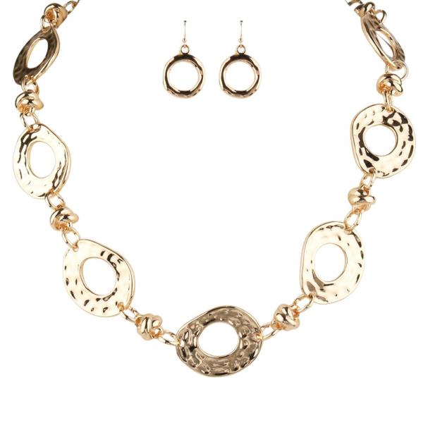 HAMMERED OPEN CIRCLE LINK NECKLACE EARRING SET