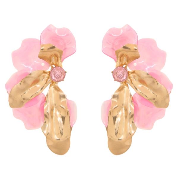 CRYSTAL STONE METAL PETAL FLOWER STATEMENT DANGLE EARRING