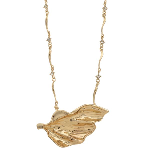 SDJ TEXTURED OVERSIZED LEAF PENDANT RHINESTONE ACCENTS LINK NECKLACE