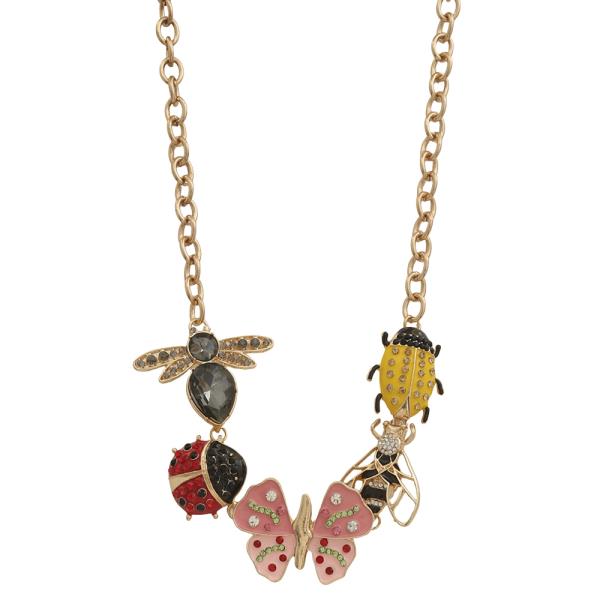SDJ COLORFUL RHINESTONE INSECT BUTTERFLY CHARM CHAIN LINK NECKLACE