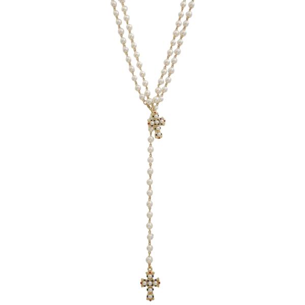 SDJ EMBELLISHED CROSS PENDANTS PEARL LARIAT ROSARY NECKLACE