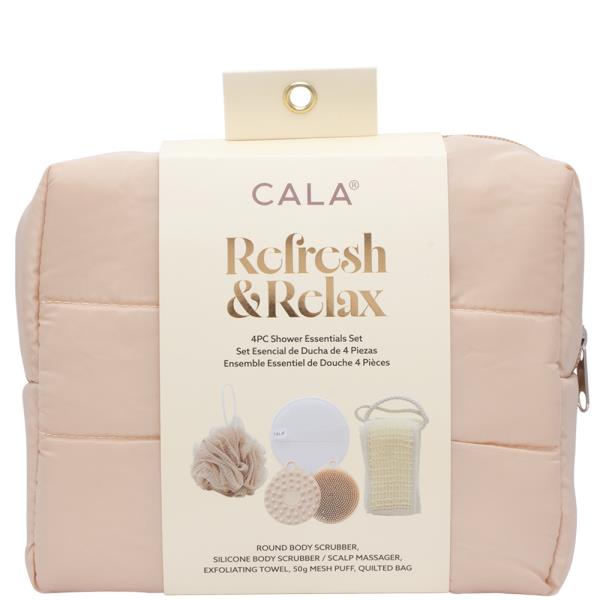 CALA REFRESH AND RELAX 4PC SHOWER ESSENTIALS SET W MESH PUFF QUILTED BAG
