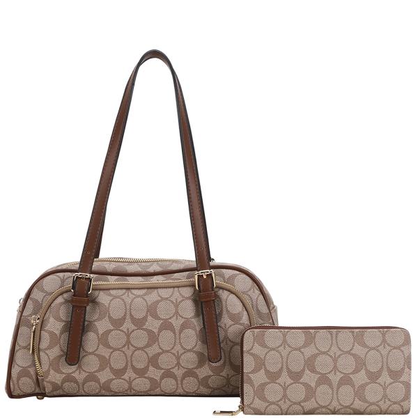 2IN1 OVAL MONOGRAM PRINT SHOULDER BAG W WALLET SET