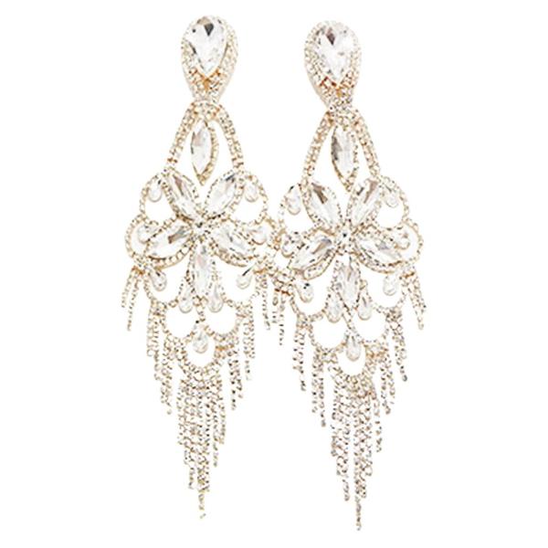 RHINESTONE CRYSTAL STONE CHAIN FRINGE STATEMENT DROP EARRING