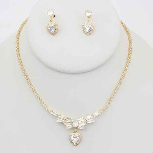 CZ STONE CRYSTAL STONE HEART PENDANT NECKLACE EARRING SET