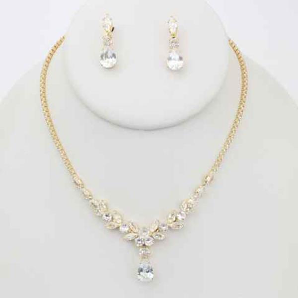 CZ STONE PEARL FLORAL TEARDROP NECKLACE EARRING SET