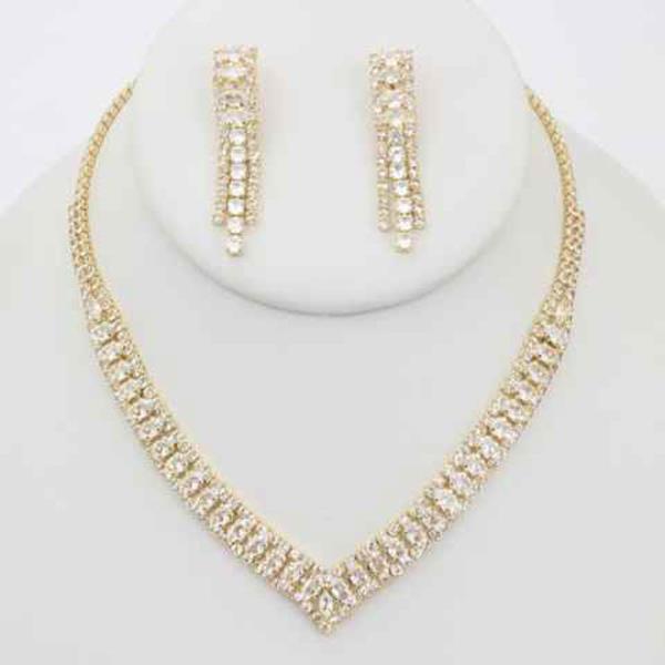 CZ STONE V FRINGE NECKLACE EARRING SET