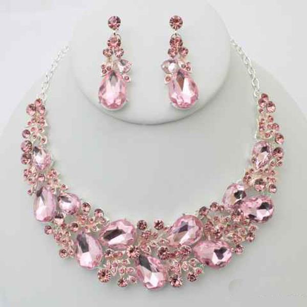 RHINESTONE CRYSTAL STONE FLORAL STATEMENT NECKLACE EARRING SET