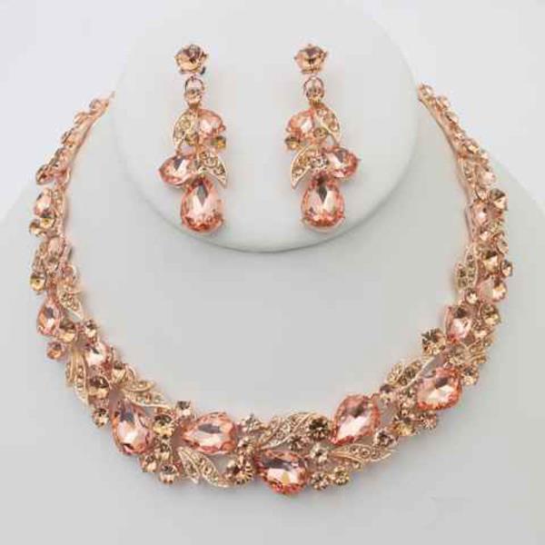 RHINESTONE CRYSTAL STONE MARQUISE LEAF STATEMENT NECKLACE EARRING SET
