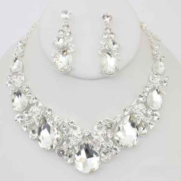 RHINESTONE CRYSTAL STONE TEARDROP FLORAL STATEMENT NECKLACE EARRING SET