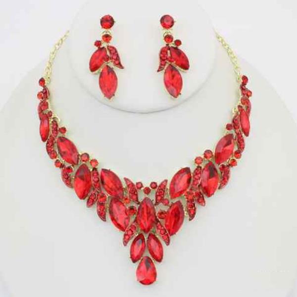 RHINESTONE CRYSTAL STONE MARQUISE LEAF STATEMENT NECKLACE EARRING SET