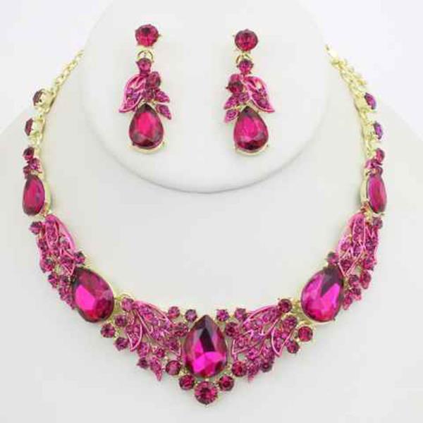 RHINESTONE CRYSTAL STONE TEARDROP FLORAL STATEMENT NECKLACE EARRING SET