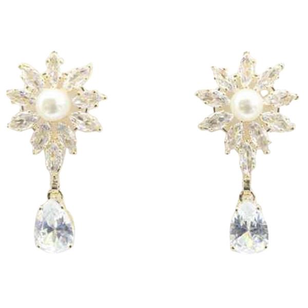 CZ STONE PEARL SUNBURST TEARDROP DROP EARRING