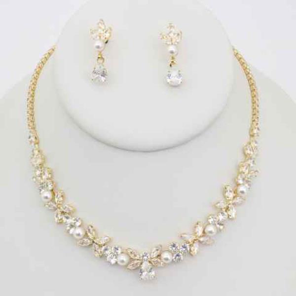 CZ STONE PEARL FLORAL VINE NECKLACE EARRING SET