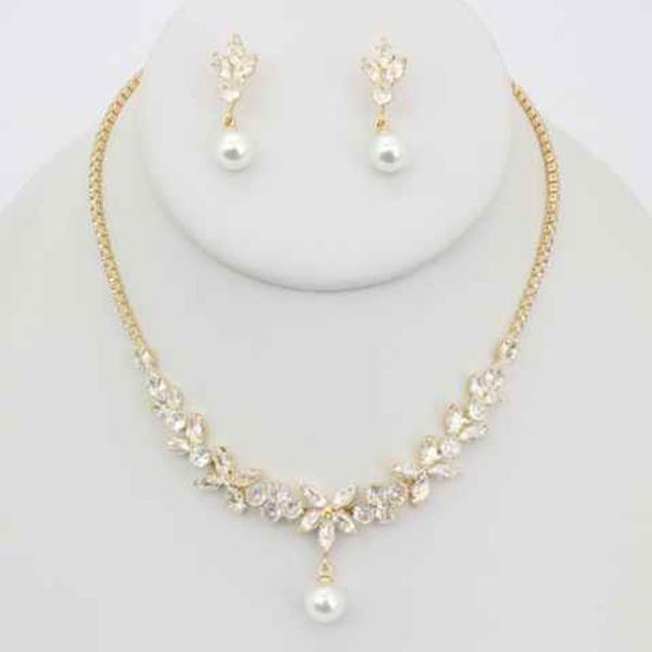 CZ STONE PEARL FLORAL DROP NECKLACE EARRING SET