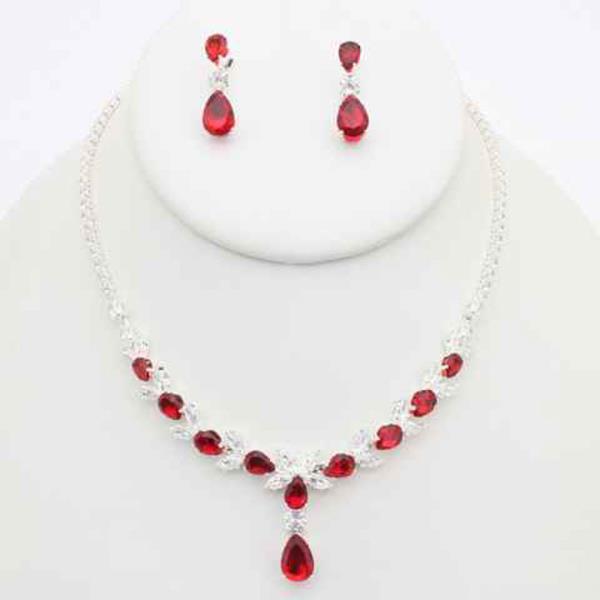 CZ STONE CRYSTAL STONE TEARDROP NECKLACE EARRING SET