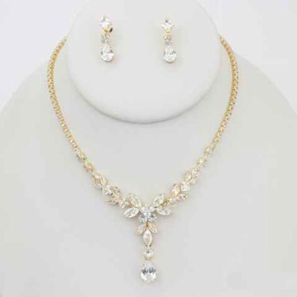 CZ STONE PEARL FLORAL TEARDROP NECKLACE EARRING SET