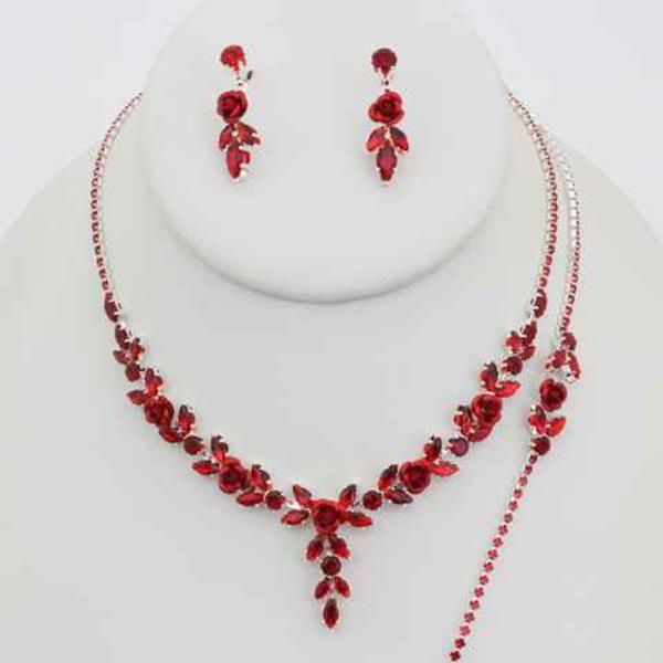 CZ STONE ROSE FLORAL VINE NECKLACE EARRING BRACELET SET